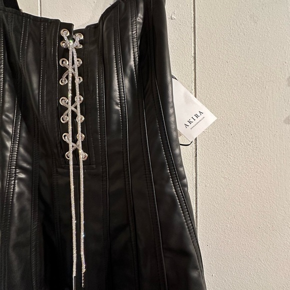 AKIRA NWT pleather Corset-Style mini Dress with rhinestone ties - Picture 3 of 6